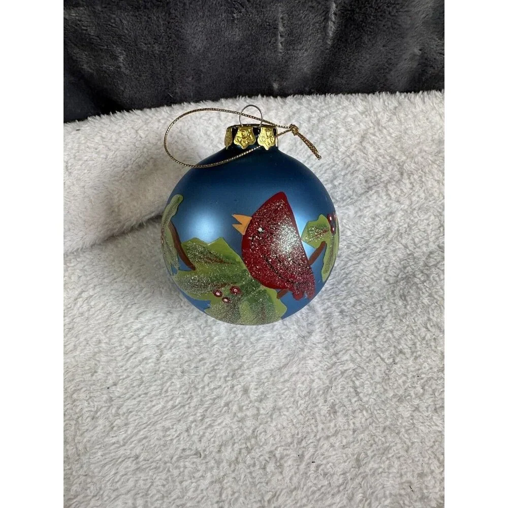 Hand‎ painted Glass Christmas Ornament Red Cardinal Holly Berries Artist Vintage